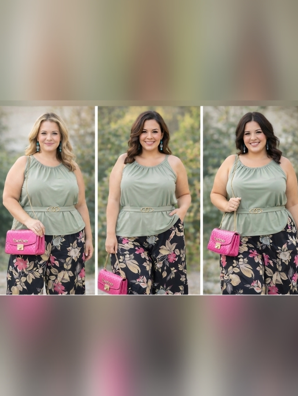 Floral Wide-Leg Pants & Sage Green Sleeveless Top 2x Set w/ Pink Bebe Purse New